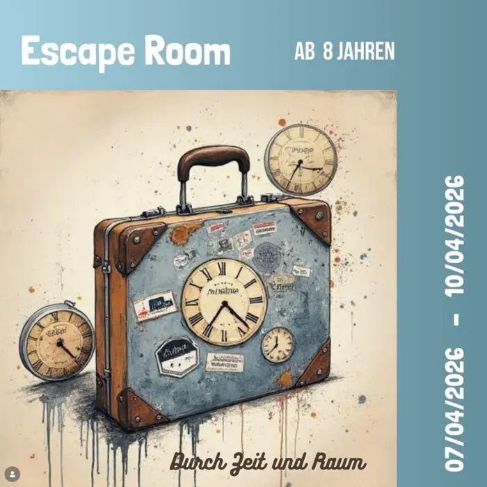 Plakat durch Raum und Zeit: Koffer und Uhren