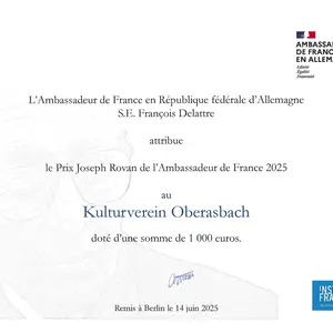 Das Foto zeigt die Urkunde zum Joseh Rovan Preis