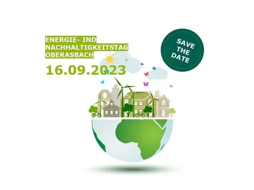 Grafik zeigt eine Weltkugel mit Häusern, Windräder, Sonne, Bäumen und Fahrrädern sowie vielen Schmetterlingen