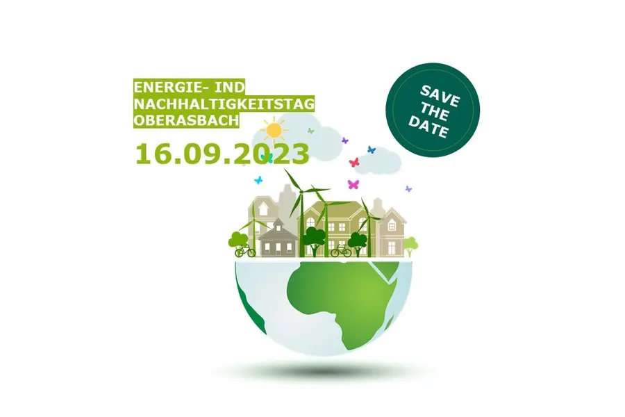 Grafik zeigt eine Weltkugel mit Häusern, Windräder, Sonne, Bäumen und Fahrrädern sowie vielen Schmetterlingen