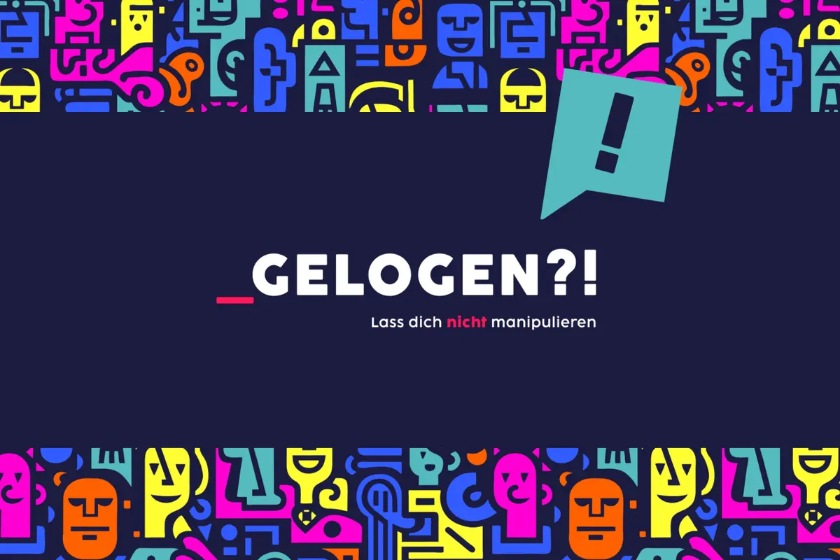 Logo "gelogen?!" mit Claim "Lass dich nicht manipulieren"