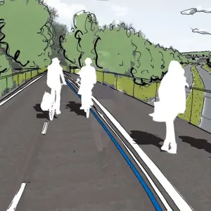 Entwurfszeichnung des Radschnellwegs mit baulich abgetrenntem Gehweg und einigen Radlern und Fussgängern