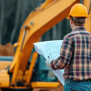 Ein Bauingenieur hält einen Plan. Im Hintegrund ein Baagger.