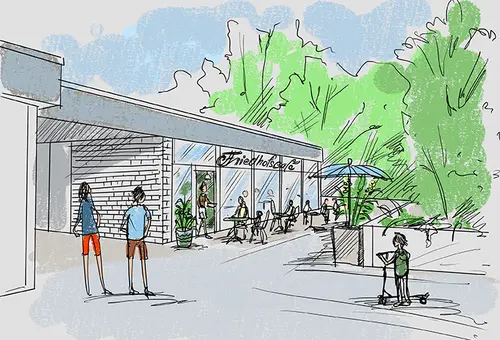 Friedhofscafé mit großer Glasfront und Passanten zu Fuß und an Tischen