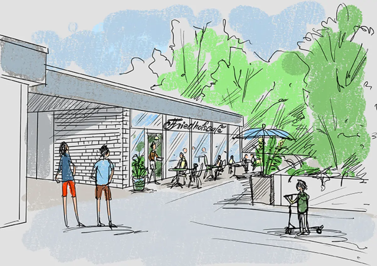 Friedhofscafé mit großer Glasfront und Passanten zu Fuß und an Tischen