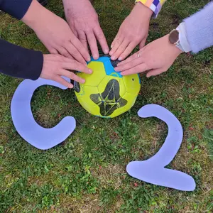 Fünf Hände berühren das Logo CO2. Das O ist durch einen Ball ersetzt, der von der Farbgebung einem Globus ähnelt.