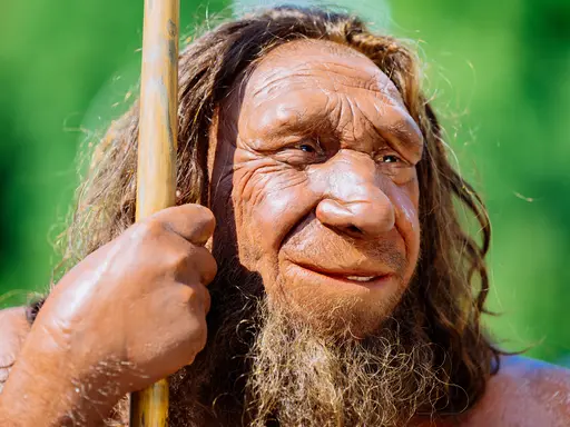 Potraitfoto eines Neandertalers mit Vollbart und Stab 