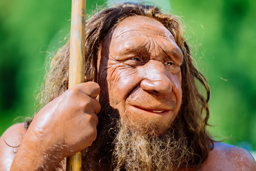 Potraitfoto eines Neandertalers mit Vollbart und Stab 