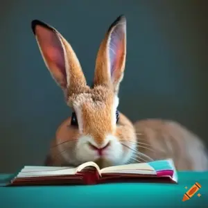 Langohr vor Buch. Die Fläche, auf der das Buch liegt, ist türkis. Das Buch hat einen fuchsiafarbenen Einband. 