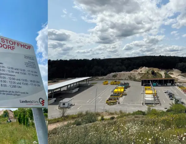 Hinweisschild und Vogelperspektive auf den Wertstoffhof Zirndorf 