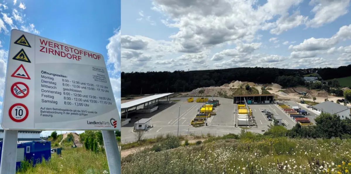 Hinweisschild und Vogelperspektive auf den Wertstoffhof Zirndorf 