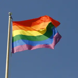 Flaggenamst mit Regenbogenflagge in den Farben rot - orange - gelb - grün - blau - lila (von oben nach unten)