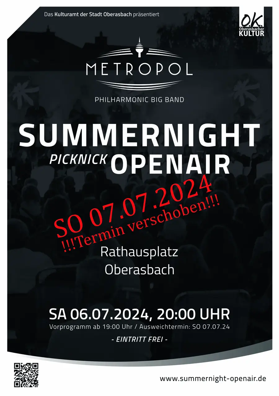 Schwarzes Plakat mit weißer Schrift. Oben Logo der Metropol Philharmonic Bigband mit angedeutetem Nürnberger Fernsehturm. Unten Summernight Picknick OpenAir, Datum, Uhrzeit, Ort