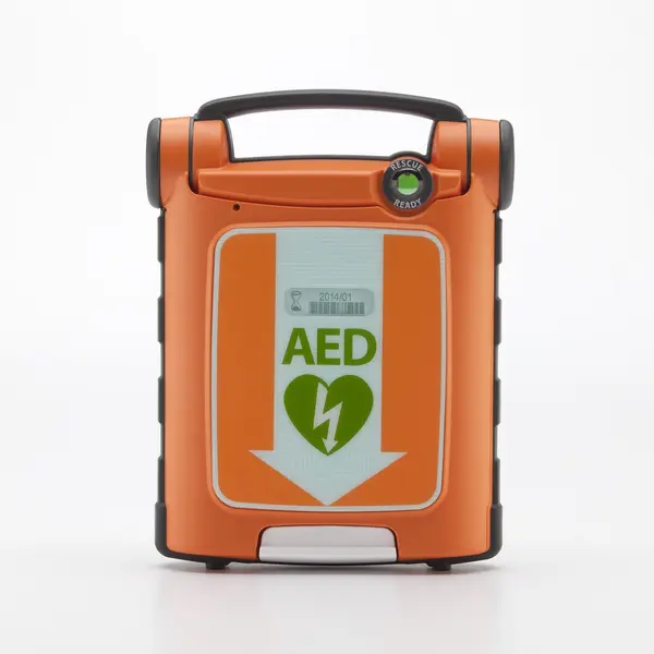 oranger Defi mit grünem Aufdruck AED