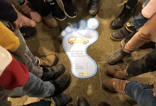 Ein Kreis aus Füßen, in der Mitte ein Fuß aus Pappe mit der Statistik "Wie oft setzt du dein Auto als Elterntaxi ein?" Nie null Stimmen, ab und zu drei Stimmen, regelmäßig 6 Stimmen. 
