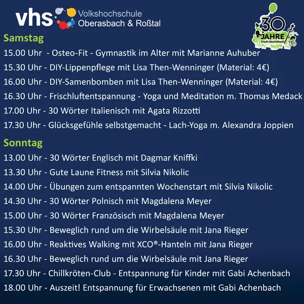 Programmübersicht der Schnupperkurse dunkelblauer Hintergrund, weiße Schrift 