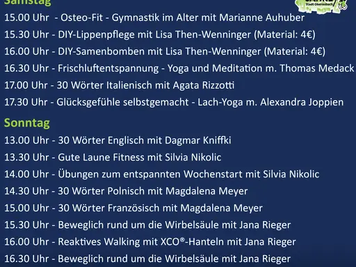 Programmübersicht der Schnupperkurse dunkelblauer Hintergrund, weiße Schrift 