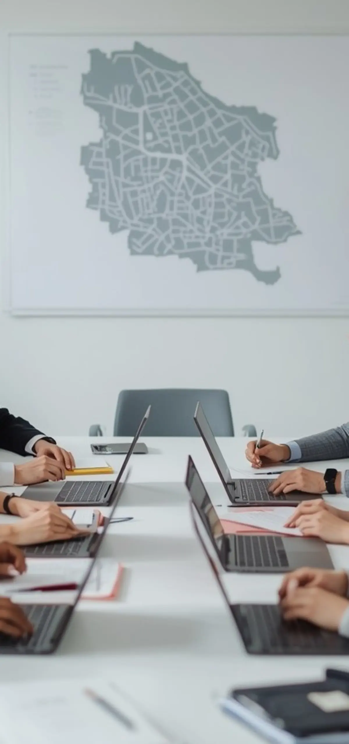 Symbolbild für Tagung - Hände an Laptops, im Hintergrund eine Karte 