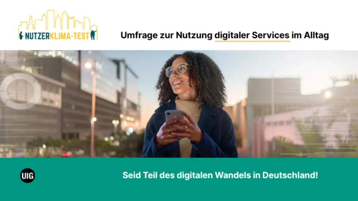 Banner des Nutzerklimatest der UIG e.V.: junge Frau mit Kaffemug in der Hand schaut in eine simulierte digitale Stadt