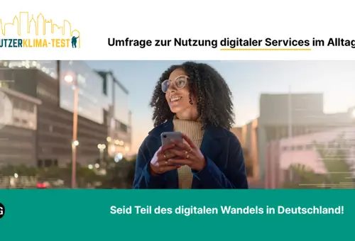 Banner des Nutzerklimatest der UIG e.V.: junge Frau mit Kaffemug in der Hand schaut in eine simulierte digitale Stadt