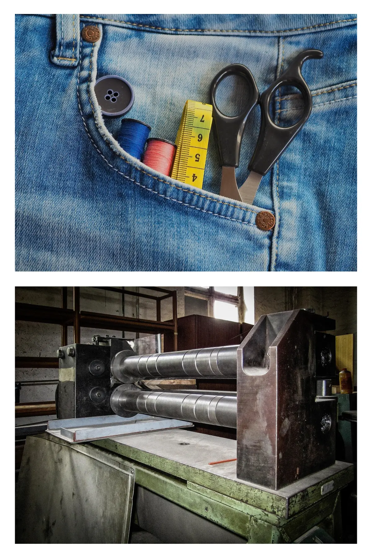 Symbolbild: Kollage Schneiderei und Metallverarbeitung