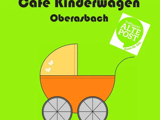 Das Logo: ein gezeichneter Kinderwagen, der wie ein Dreiviertelkreis wirkt. Darüber der Schriftzug "Café Kinderwagen Oberasbach" und das Logo des Treffpunkts Alte Post.
