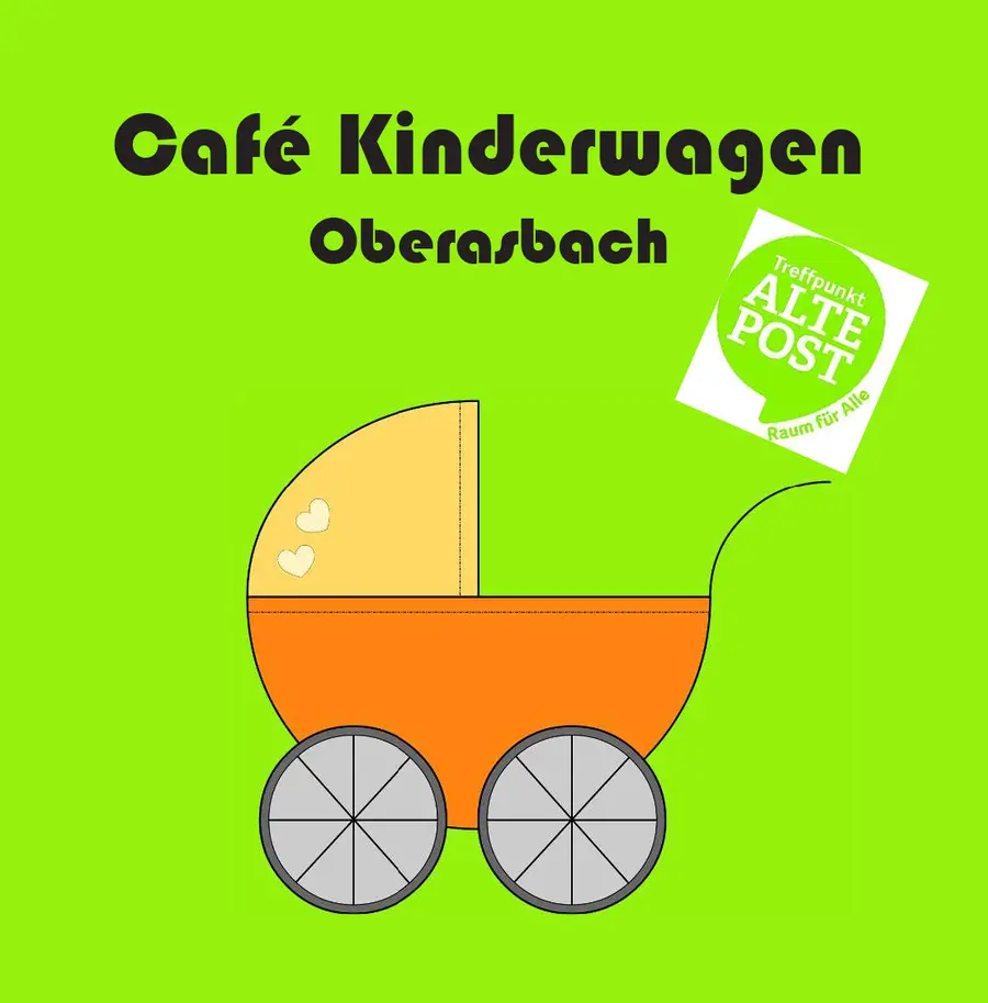 Das Logo: ein gezeichneter Kinderwagen, der wie ein Dreiviertelkreis wirkt. Darüber der Schriftzug "Café Kinderwagen Oberasbach" und das Logo des Treffpunkts Alte Post.