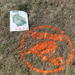 Oranges Logo zeigt brütende Vögel, aufgesprüht auf einer Grasfläche am Hainberg